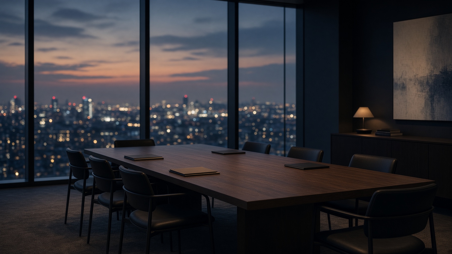 Quiet boardroom at dusk